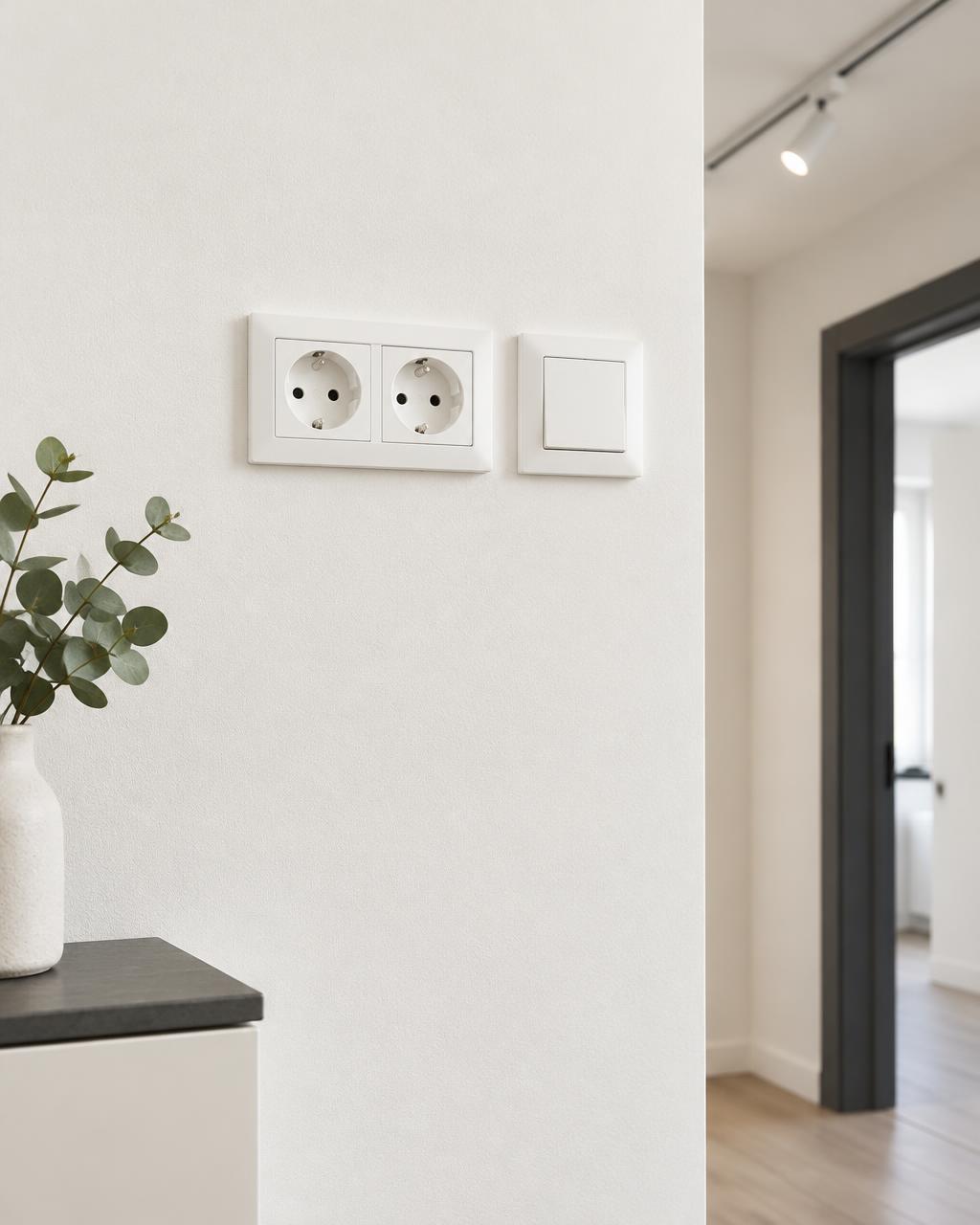 Prises électriques, interrupteur et éclairage intérieur — illustration temporaire, pas un chantier CAREN
