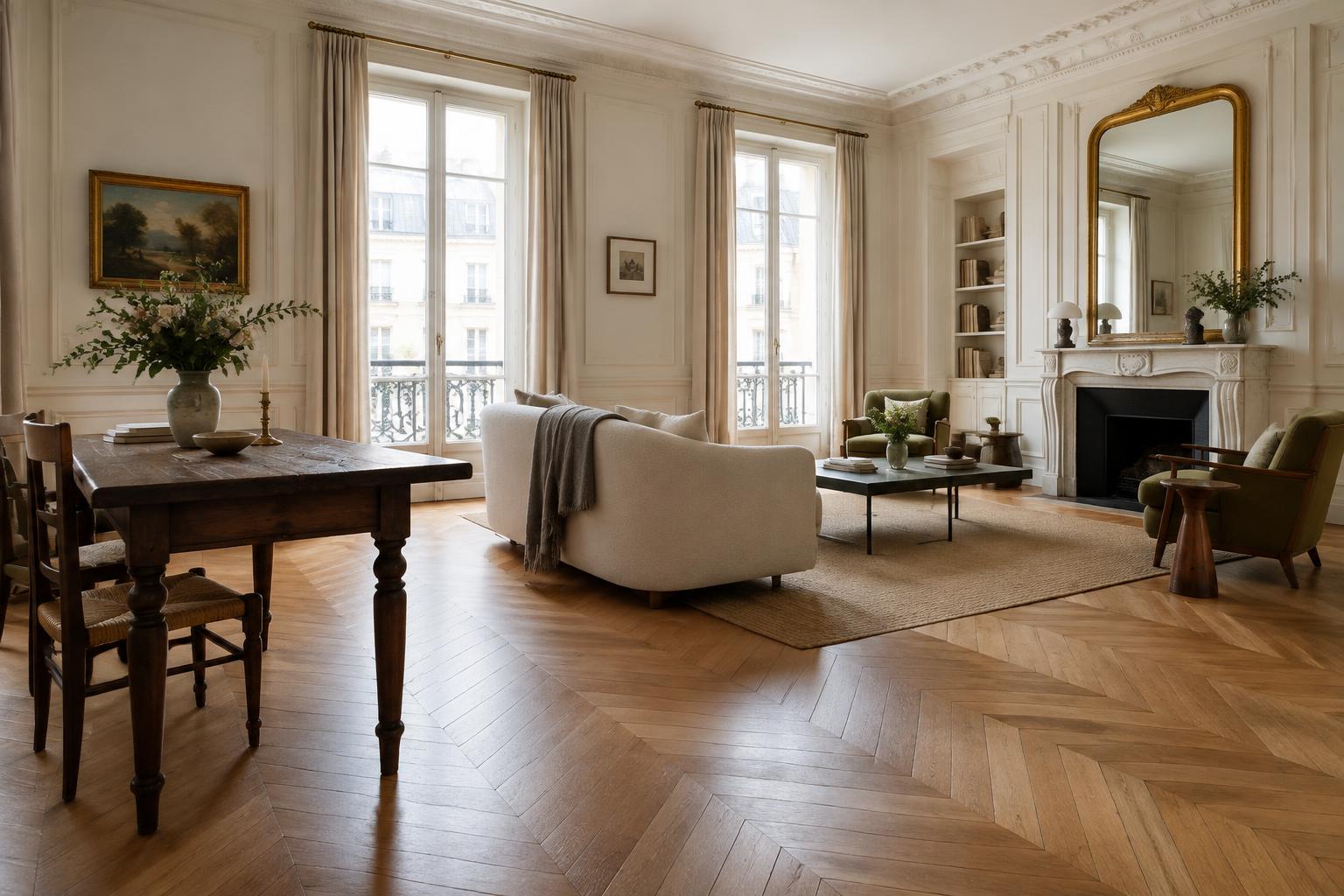 Séjour lumineux au parquet en chevrons — illustration d’ambiance, pas un chantier CAREN