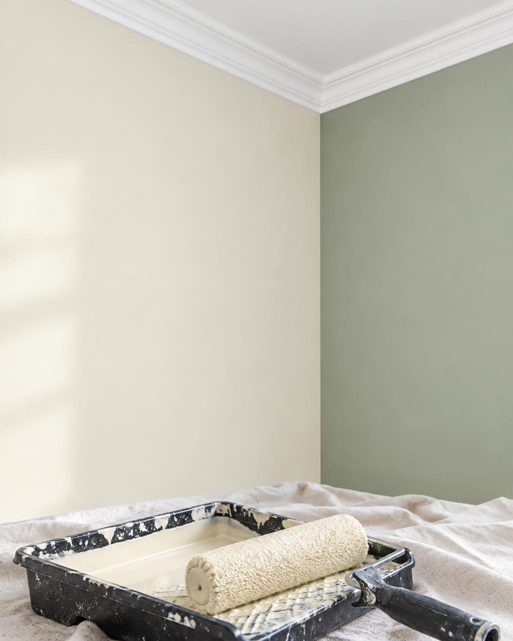 Murs peints, moulure et rouleau de peinture — illustration temporaire, pas un chantier CAREN