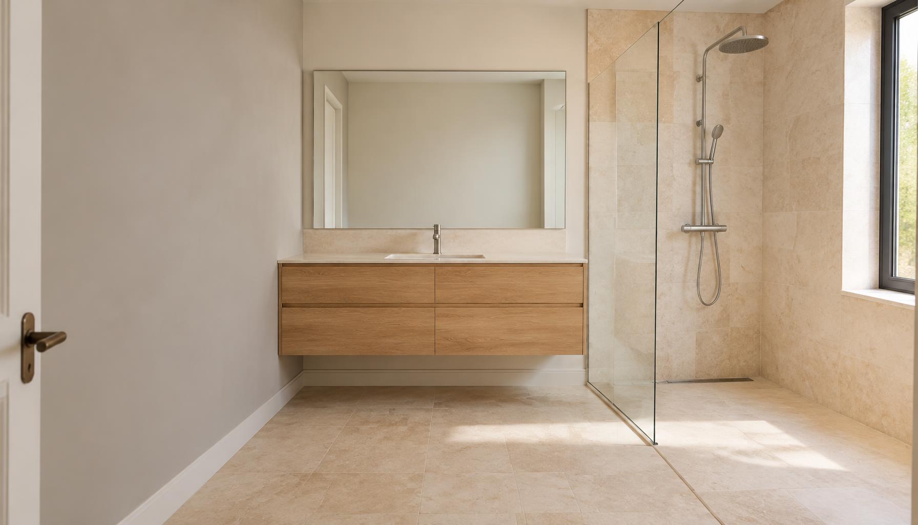Vue d’ensemble d’une salle d’eau avec douche, robinetterie et meuble vasque — illustration d’ambiance, pas un chantier CAREN